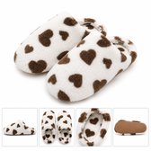 Dames Pantoffels met Hartjes – Warme Zachte Huissloffen – Pluche Sloffen voor Dames - Maat 42/43 - wit/bruin -