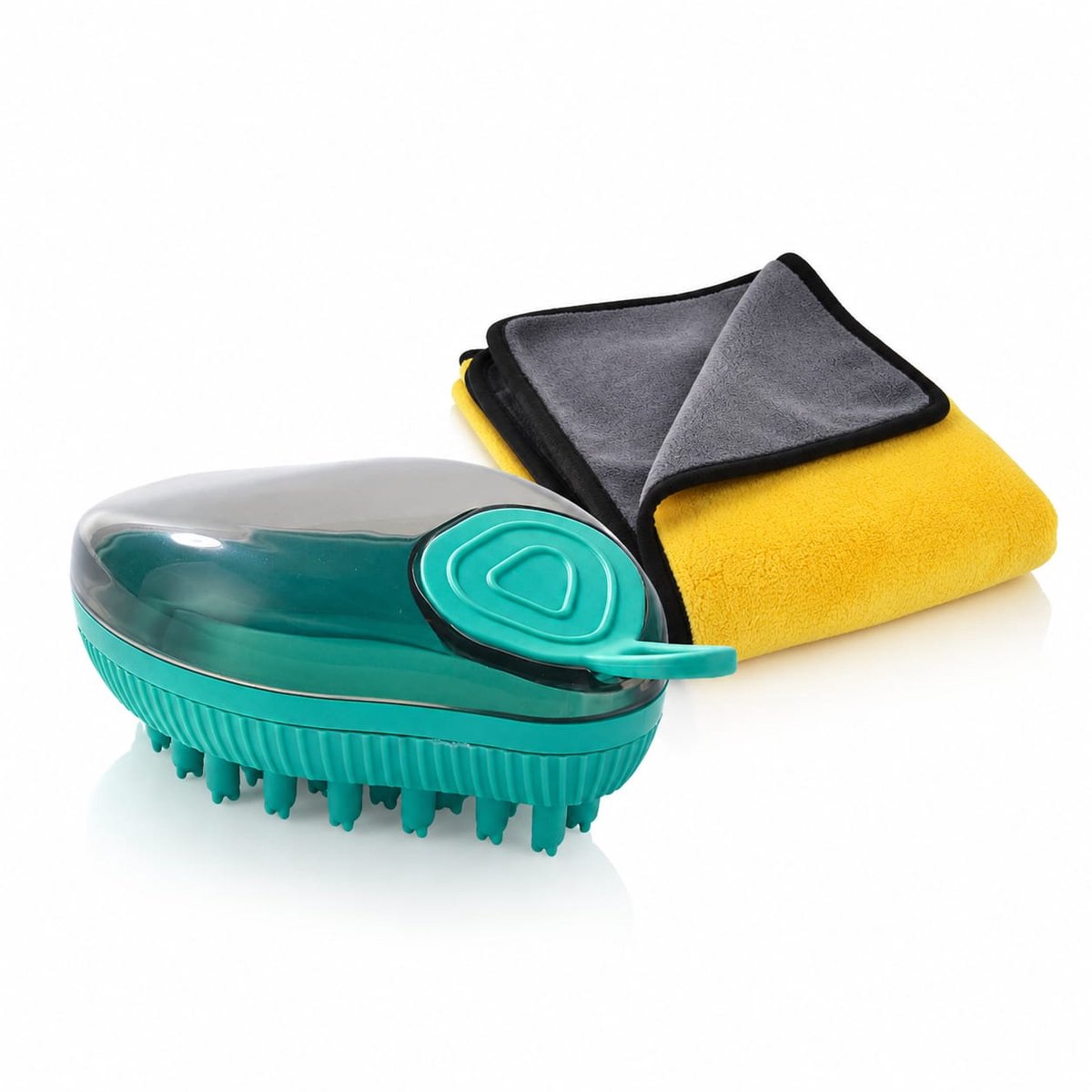 Aaminuel Hondenwasborstel met Zeepdispenser & Handdoek - Siliconen Hondenborstel - Borstel voor Honden en Katten - Wasborstel Huisdieren - Massageborstel & Badborstel - Groen