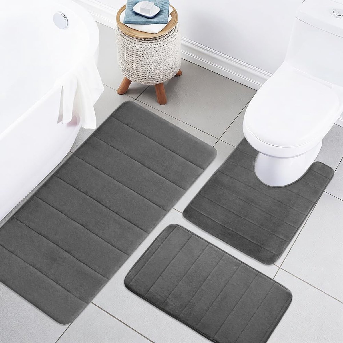 Omgoods - Set van 3 Badmatten met Geheugenfoam, Antislip, Donkergrijs