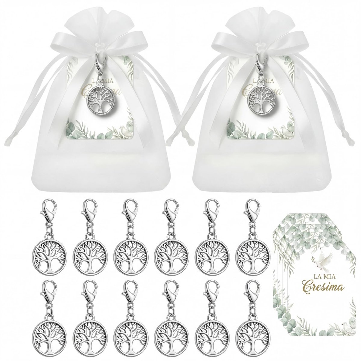 Omgoods - 50 Sets Levensboom Sleutelhangers met Organza Zakjes en Groen Lint