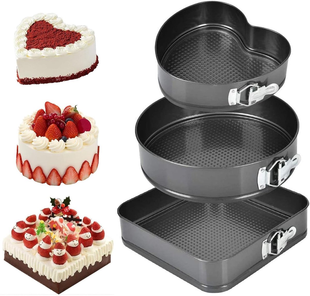 Omgoods - Springvorm Cakevorm Set - 3-delig Hartvorm, Rond en Vierkant voor Taart en Pizza