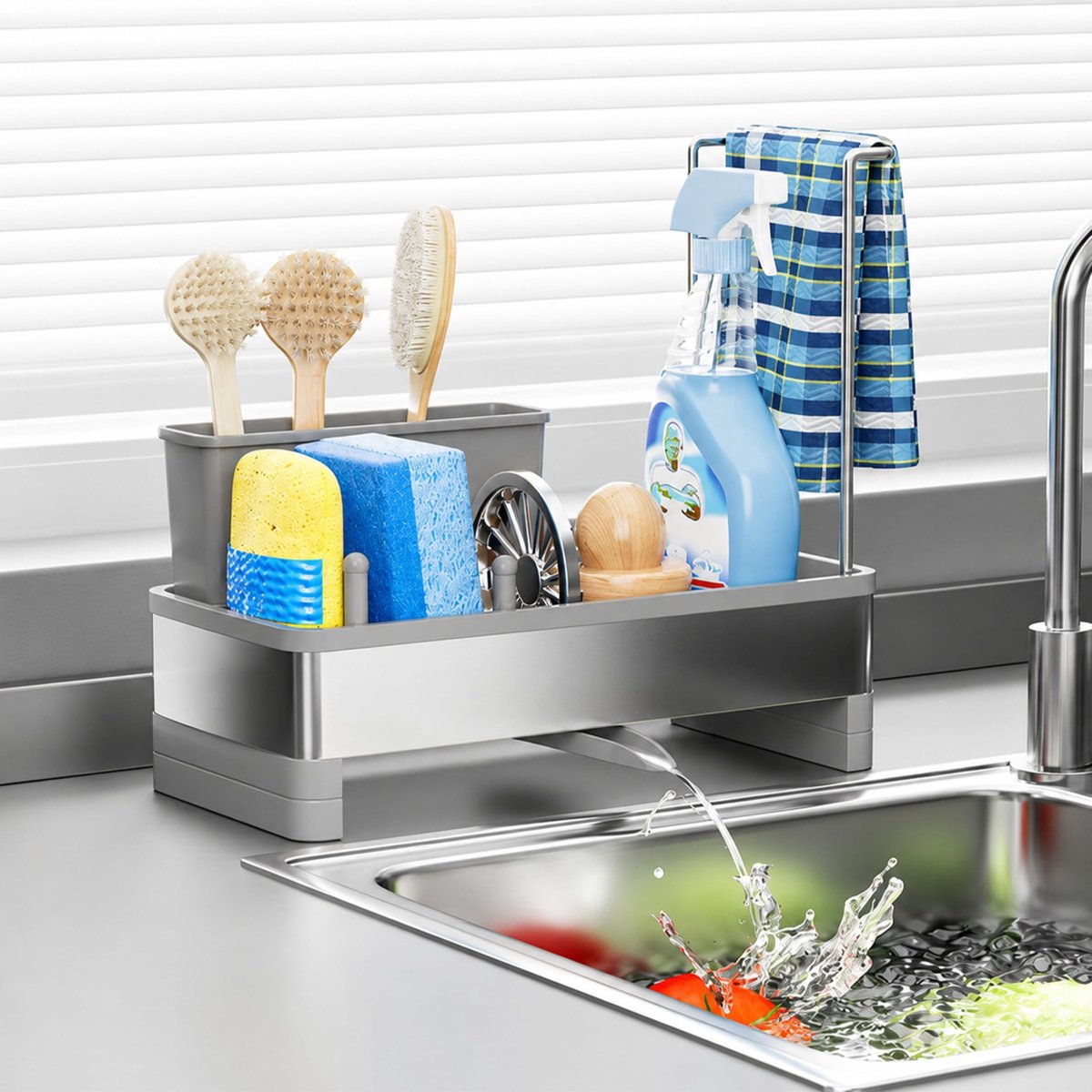 Omgoods - RVS Afwasbak Organizer met Afvoerblad voor Spons en Borstels