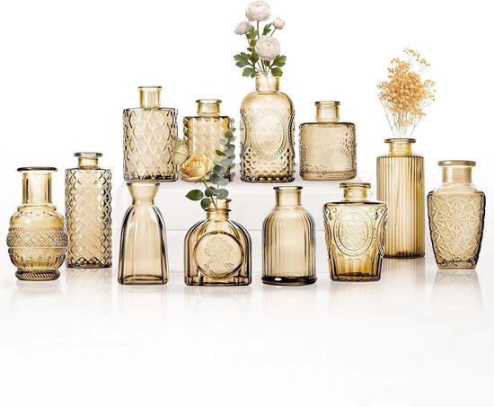 Omgoods- Glazen Vaas Set van 12 - Kleine Vazen - Vintage Stijl met Structuurpatroon - Gouden Afwerking - Hoogwaardig Dik Glas - Ideaal voor Bloemen en Decoratie - Bloemenvazen