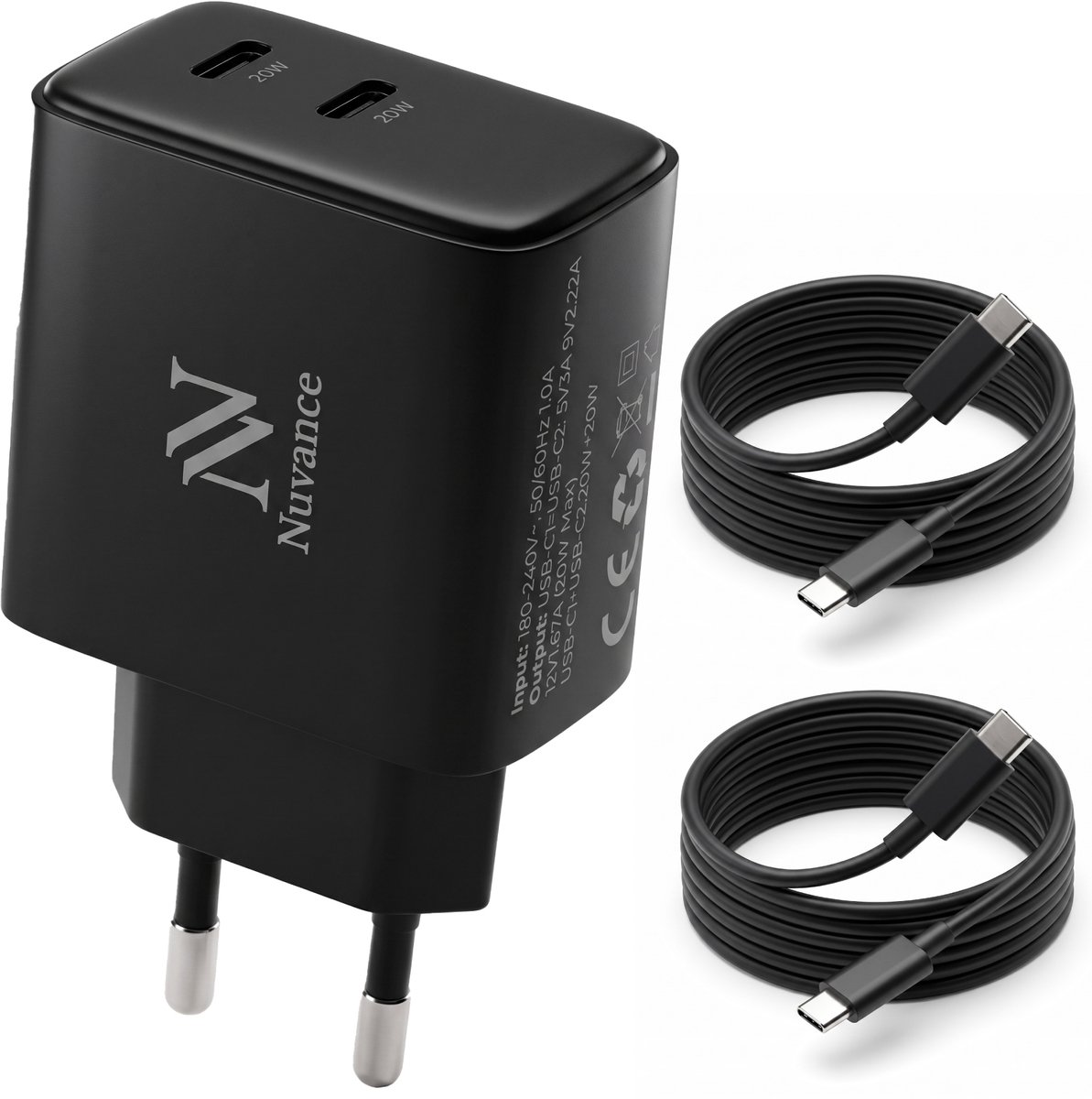 Nuvance USB C Adapter - USB C Oplader - 2x 20W Poort - Snellader - Incl. 2x 1m Kabels - USB C naar USB C - Oplader USB C - Zwart
