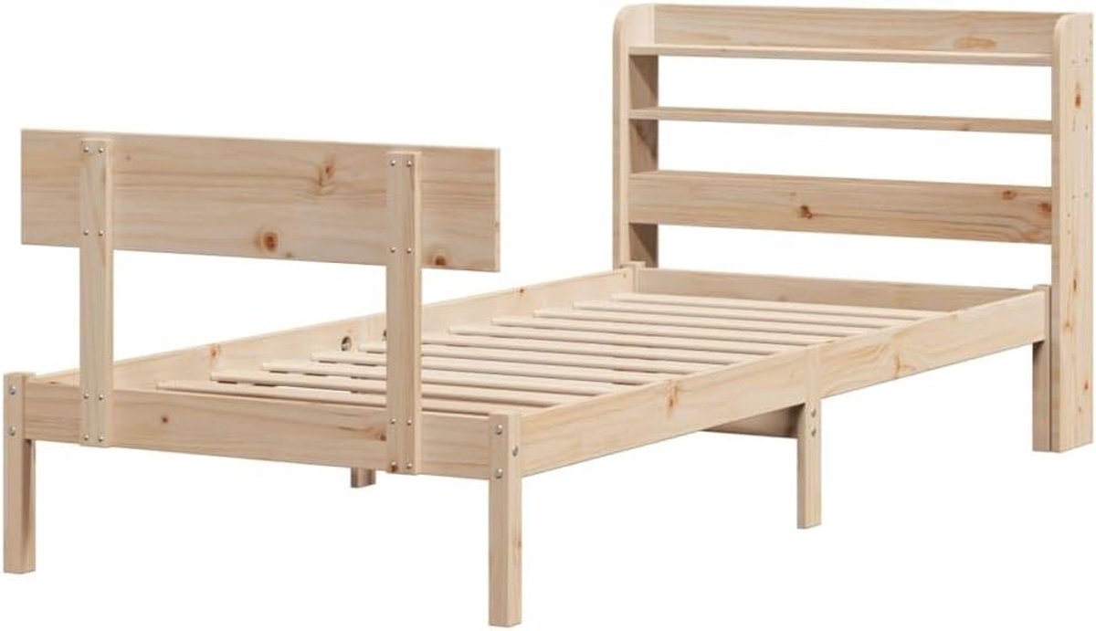 Bedframe Grenenhout - Houten Bed Omouw - Goede Nachtrust - Met Opberg Hoofdbord - 90x200 cm - Naturel