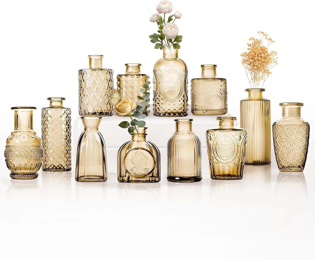 Omgoods- Glazen Vaas Set van 12 - Kleine Vazen - Vintage Stijl met Structuurpatroon - Gouden Afwerking - Hoogwaardig Dik Glas - Ideaal voor Bloemen en Decoratie - Bloemenvazen