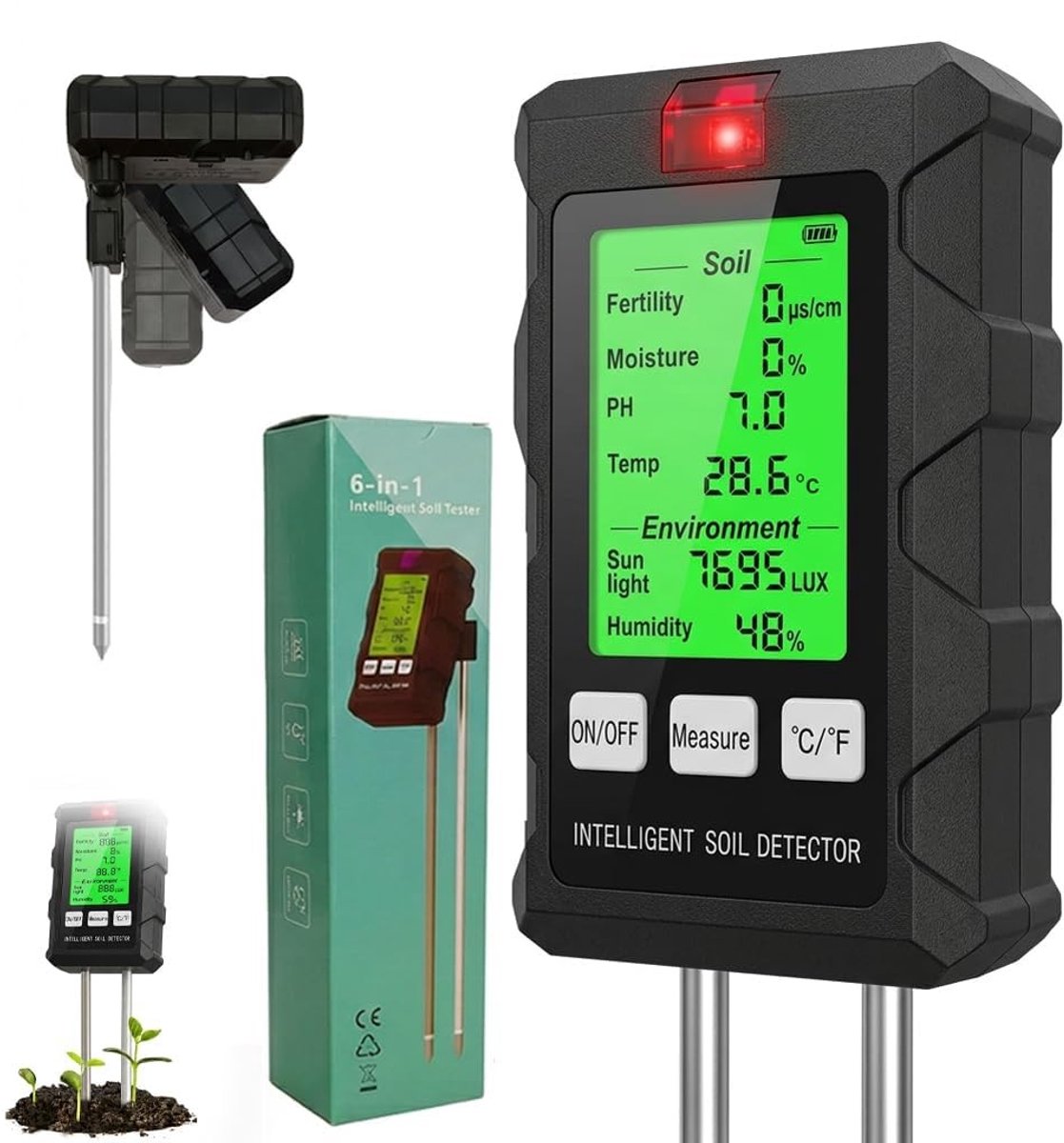 Omgoods- Bodemvochtigheidssensor 6-in-1 - pH-meter - Bodemtester - Vochtmeter - Tuin - LCD-display - Nauwkeurige metingen