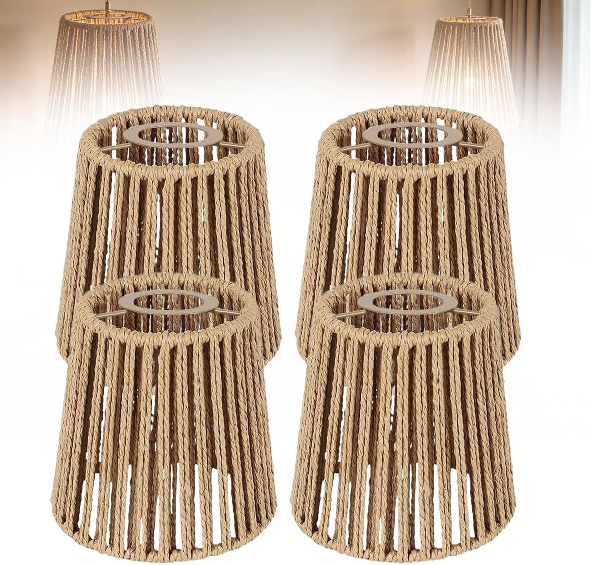 Omgoods - Set van 4 Boho Rotan Lampenkappen voor Hanglampen