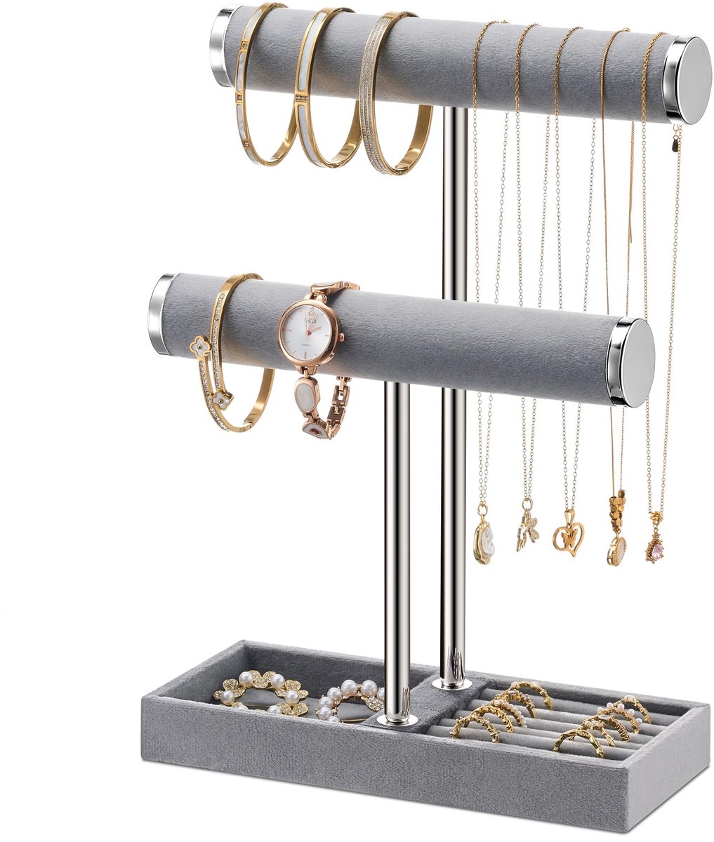 Omgoods - 2 Laags Sieraden Organizer in Grijs met T-stand