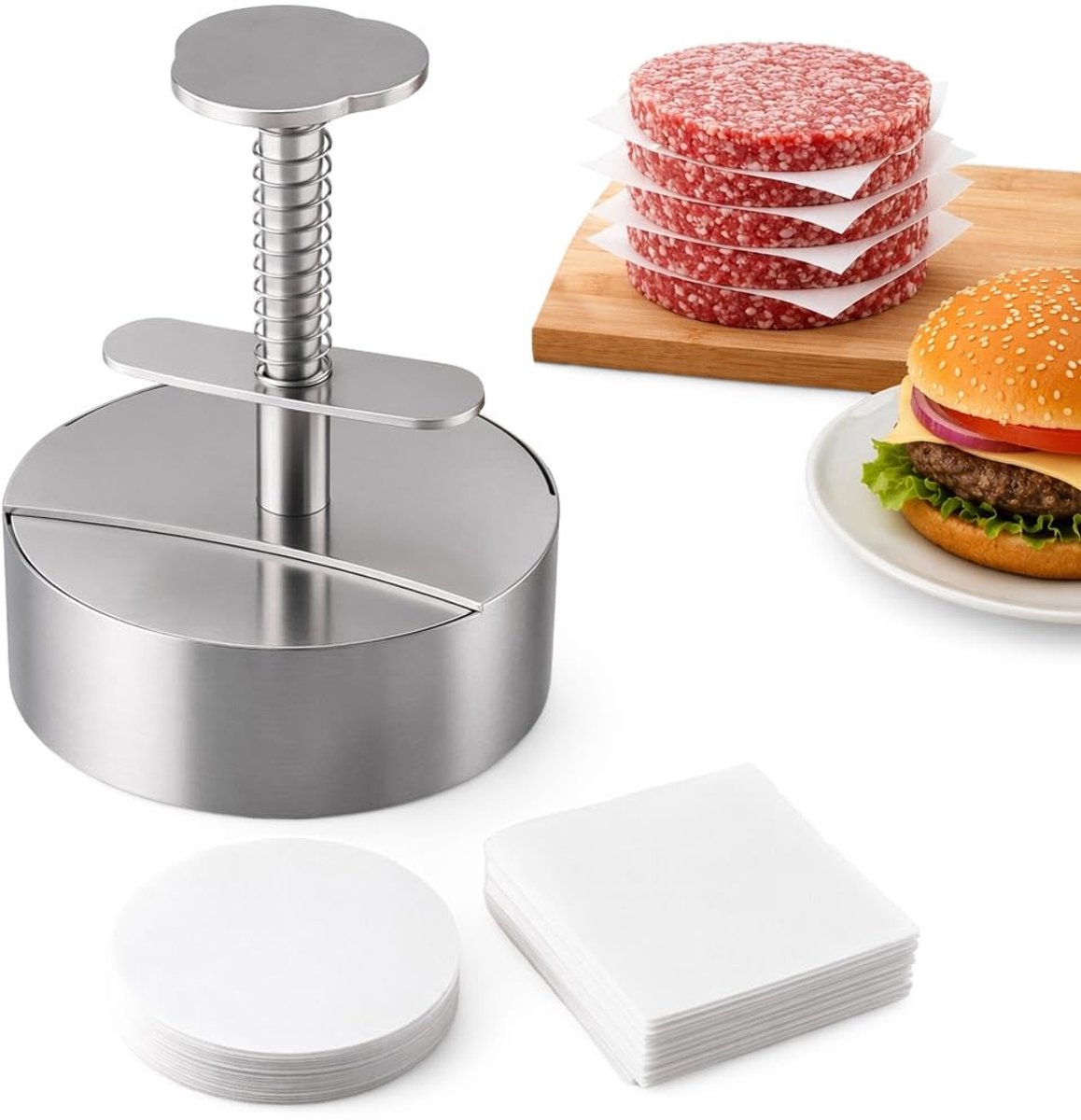 Omgoods - RVS Hamburger Pers met 150 Papieren voor Perfecte Burgers