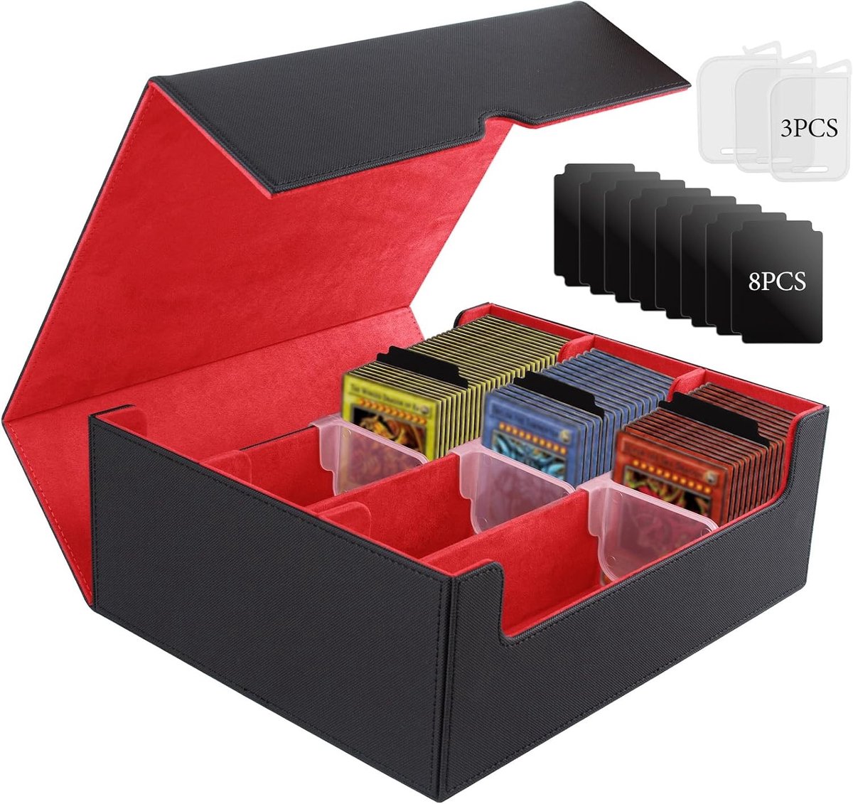 Magnetische Kaartdoos van Leer voor TCG, Geschikt voor Meer dan 1800 Kaarten, Ideaal voor Kaartspellen en Verzamelingen (Zwart Rood)