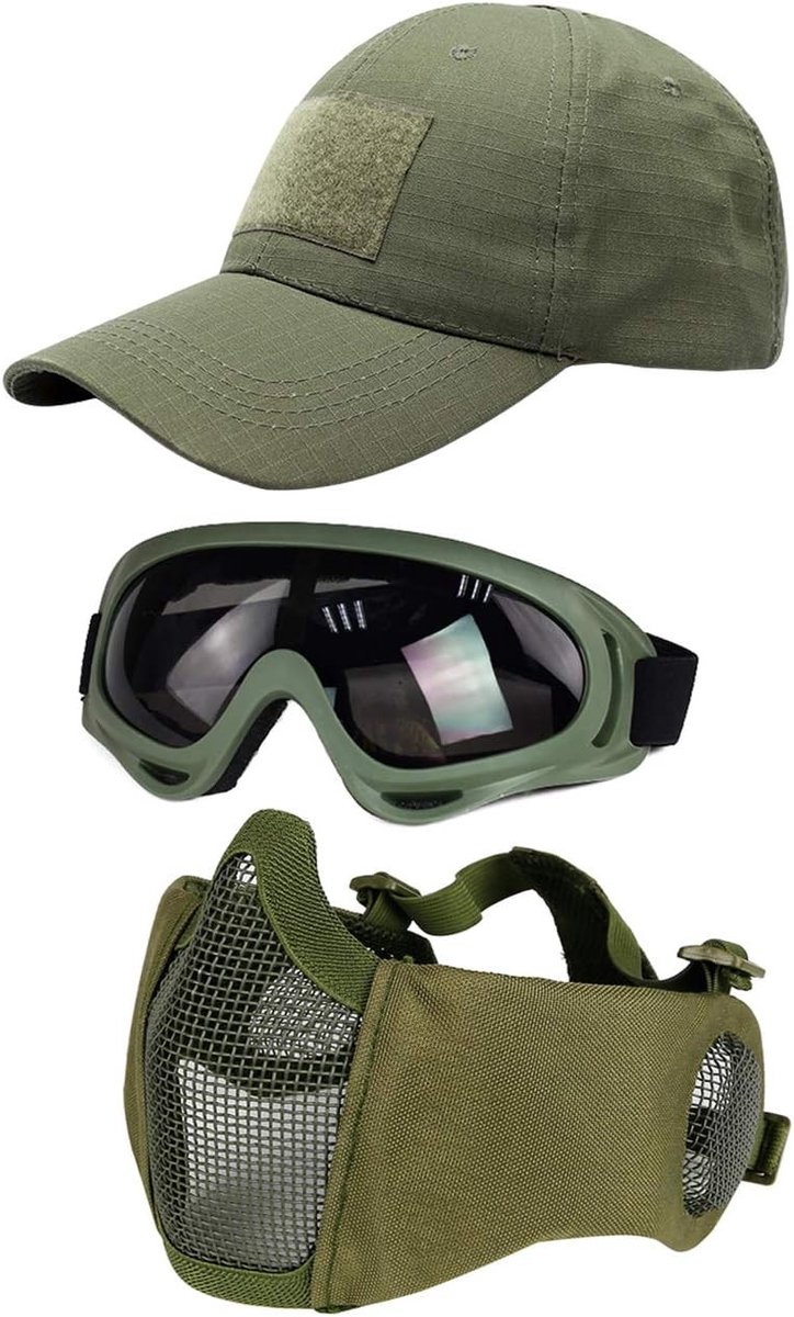 Tactisch Airsoft Masker Set met Veiligheidsbril, Verstelbaar Half Gezichtsmasker en Outdoor Pet voor Bescherming tijdens Airsoft, BB en CS Spellen
