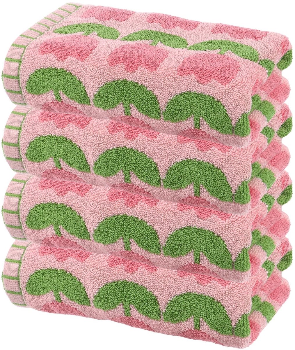 Omgoods - Set van 4 Katoenen Handdoeken 33x74 cm - Zacht en Absorberend - Tulpenpatroon Roze