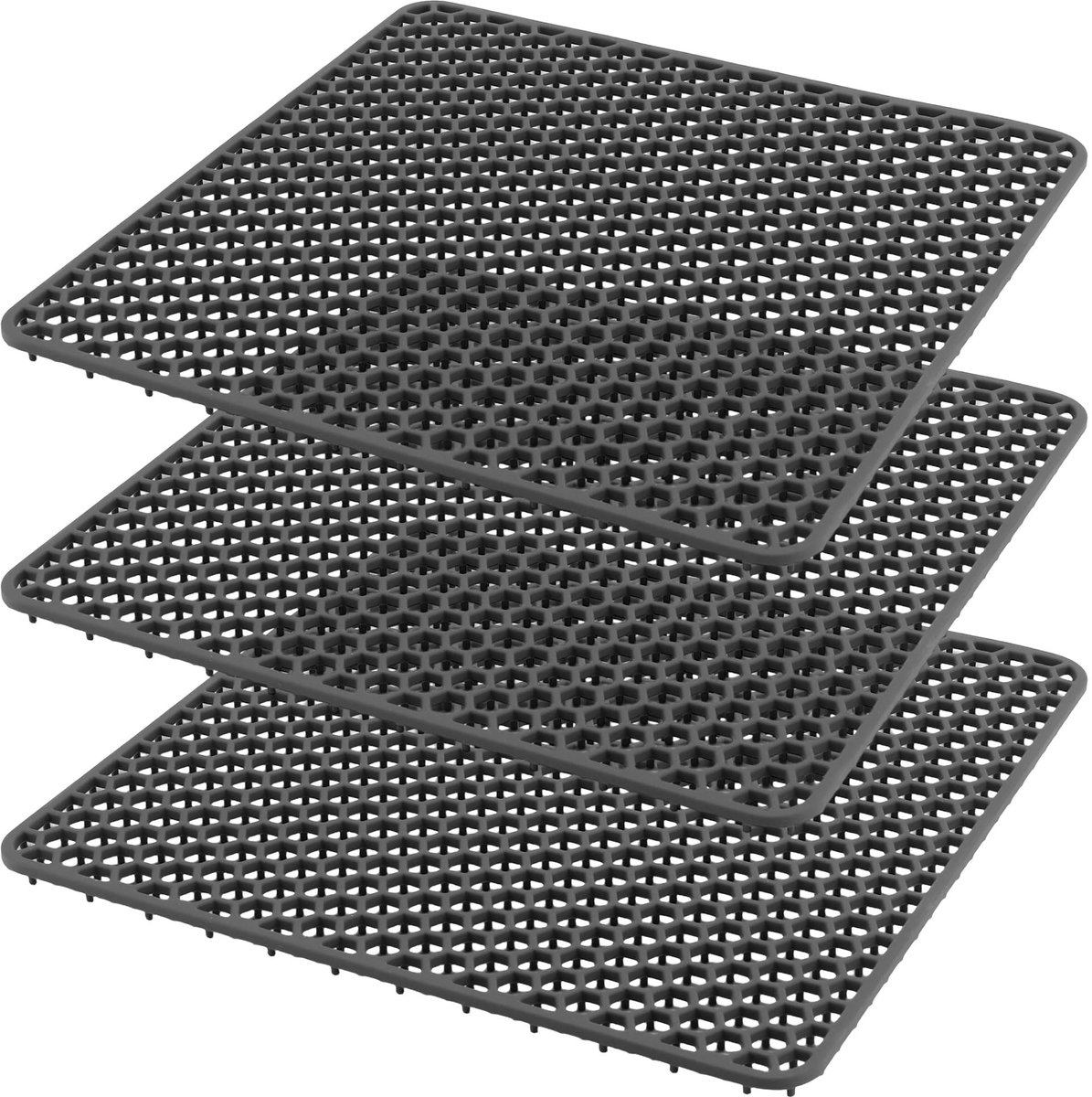 Omgoods - Set van 3 Siliconen Spoelbakmatten, 30,5 x 30,5 cm, Donkergrijs