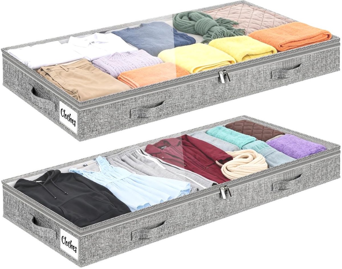 Omgoods- Opbergtassen Vouwbaar - Set van 2 Onder Het Bed - Kledingopberg met Zichtvenster - Dekens/Plaits - 10 cm Hoogte - Ruimtebesparend - Opbergdozen