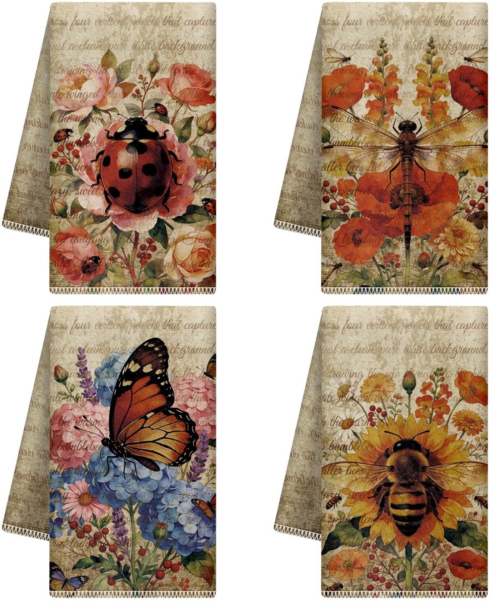 Omgoods - Set van 4 Decoratieve Keukenhanddoeken - Vlinder en Bloem Retro Microvezel