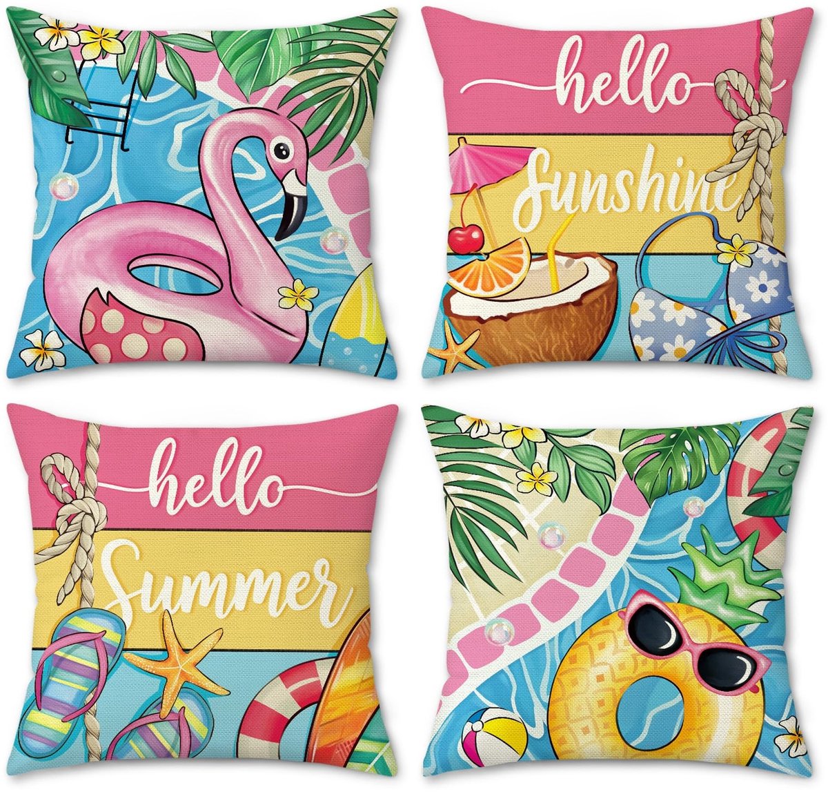 Omgoods - Set van 4 Decoratieve Kussenhoezen met Zomer Thema