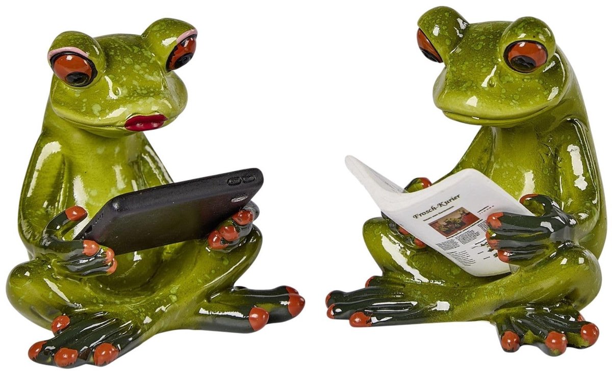 Omgoods - Set van 2 Decoratieve Kikkerfiguren met Tablet en Krant