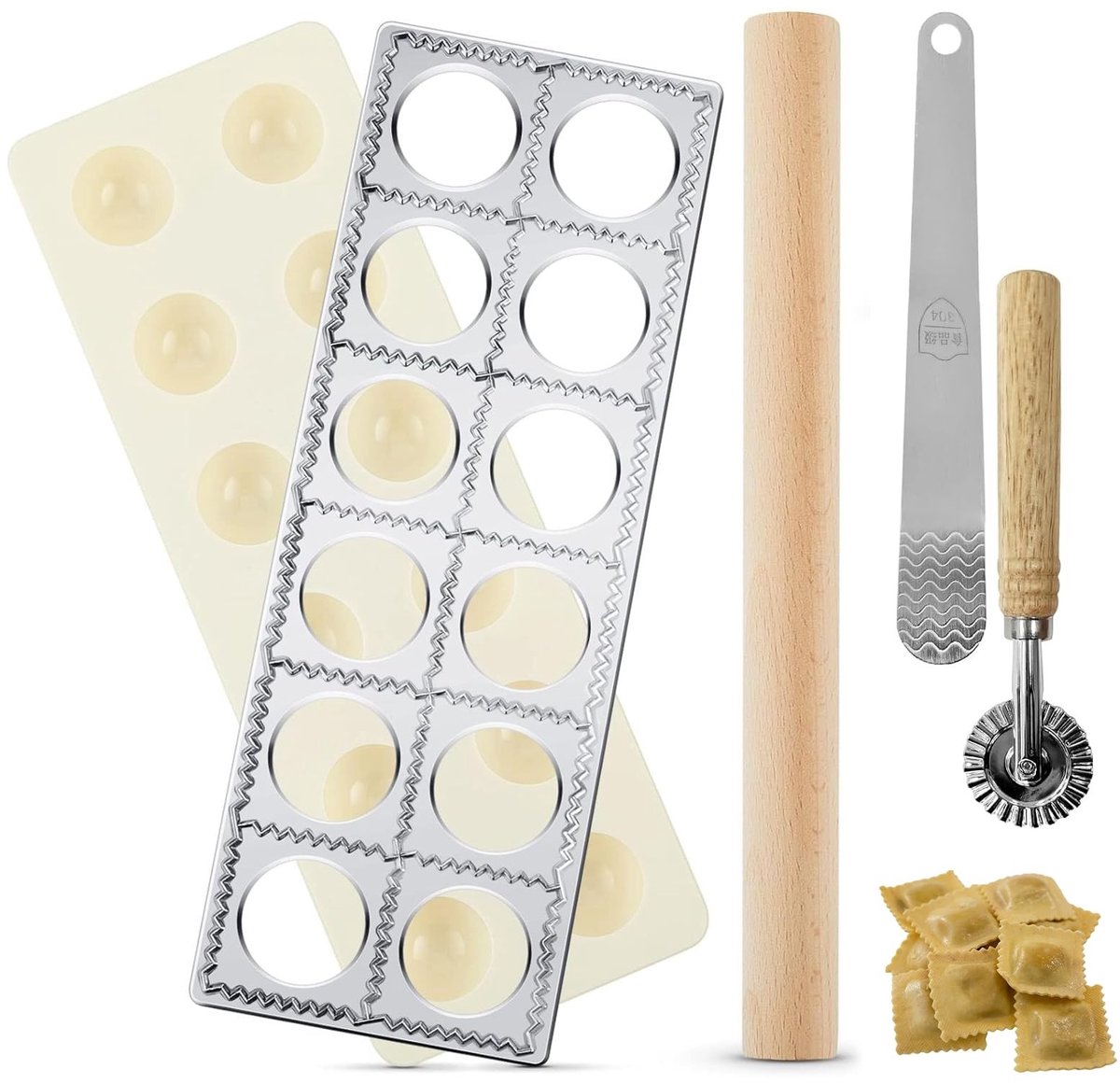 Omgoods - Ravioli Vormset met 12 Vakjes en Houten Deegroller