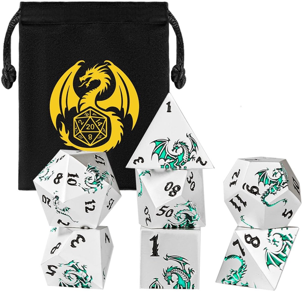 Omgoods - 7-Piece Metaal Polyhedrale Dobbelstenen Set met Draak Motief