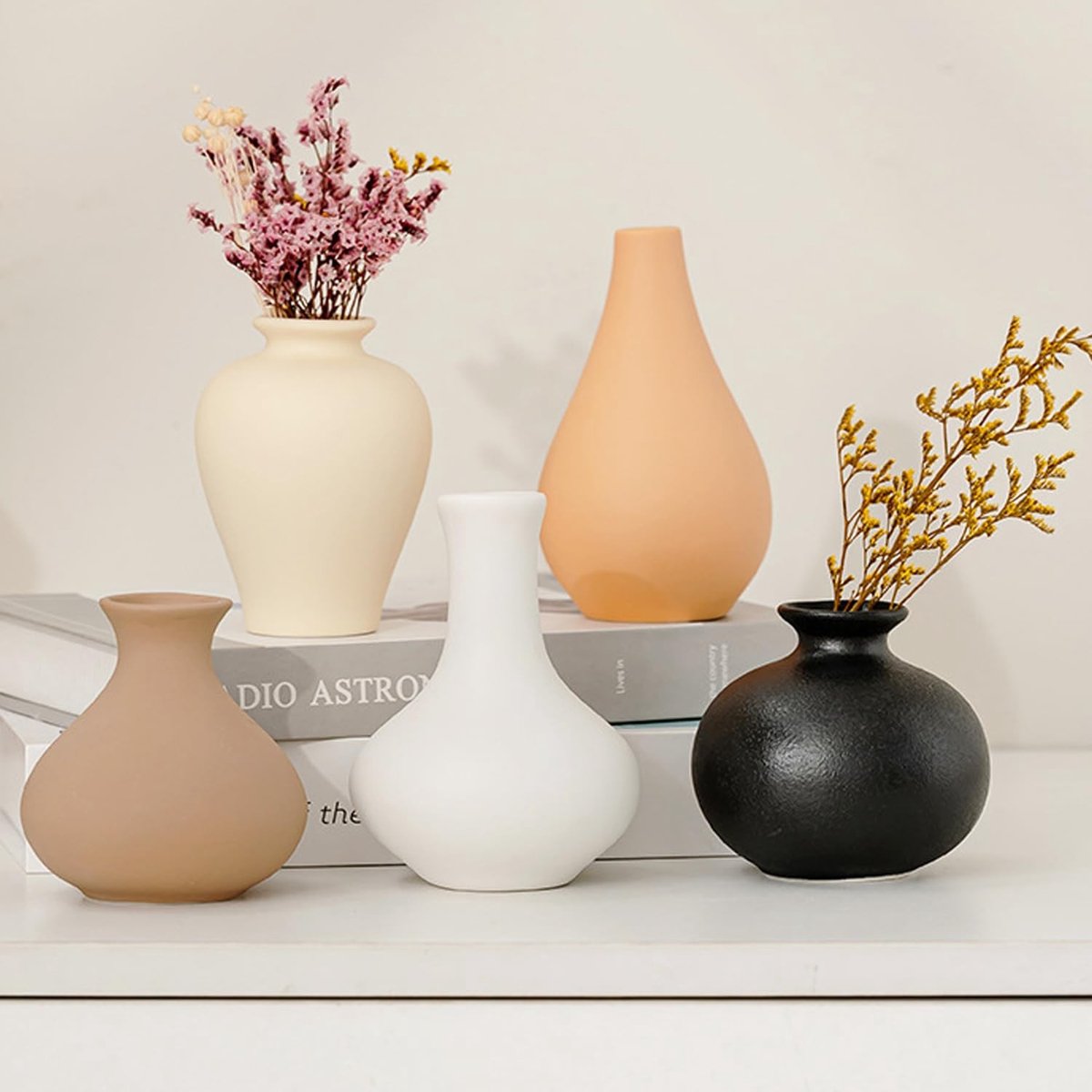 Omgoods - Set van 5 Decoratieve Keramische Vazen in Neutrale Kleuren