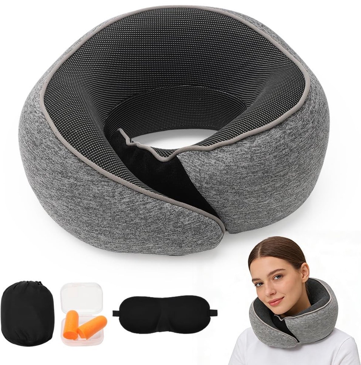 Omgoods- Nekkussen vliegtuig ergonomisch - Reiskussen traagschuim - Lichtgewicht - Ademend - Inclusief oordopjes/oogmasker - Ruimtebesparend met draagtas