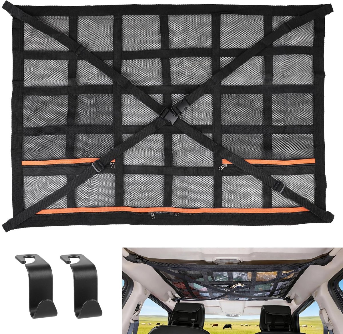Omgoods- Bagagenet Dubbellaags 90 x 65 cm - Aanhangernet - Opbergnet - Nettas - Organizer voor Dakarmleuningen - Universeel - Opslagnet