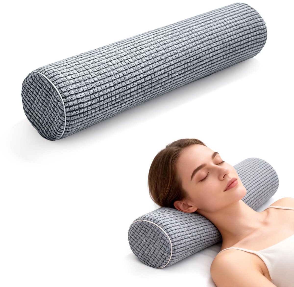 Omgoods - Orthopedisch Nekrol met Hoes, Wasbare Memory Foam Reis Kussen - 11 x 45 cm