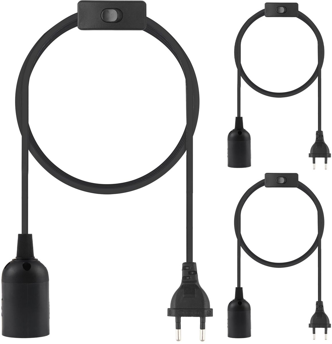 Omgoods - 3-Pack E27 Lampenhouder met 3 m Kabel en Schakelaar, Zwart