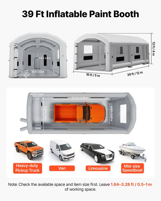 VEVOR Opblaasbare Spuitcabine 12x5x4 m Spuitcabine Verftent Grijs, met 950W & 1100W Blowers, Actieve Koolstoffiltratie, Kleedruimte, PVC Ramen voor Zware Pick-ups & Bestelwagens, Draagbaar van Vevor — afbeelding 5