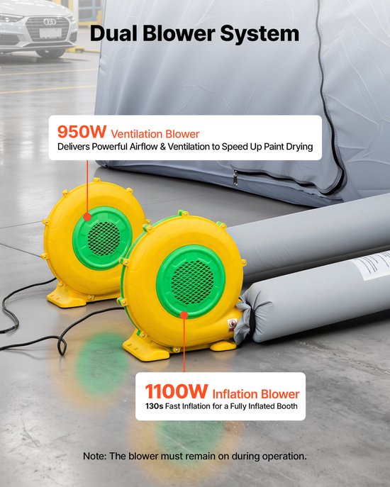 VEVOR Opblaasbare Spuitcabine 12x5x4 m Spuitcabine Verftent Grijs, met 950W & 1100W Blowers, Actieve Koolstoffiltratie, Kleedruimte, PVC Ramen voor Zware Pick-ups & Bestelwagens, Draagbaar van Vevor — afbeelding 4