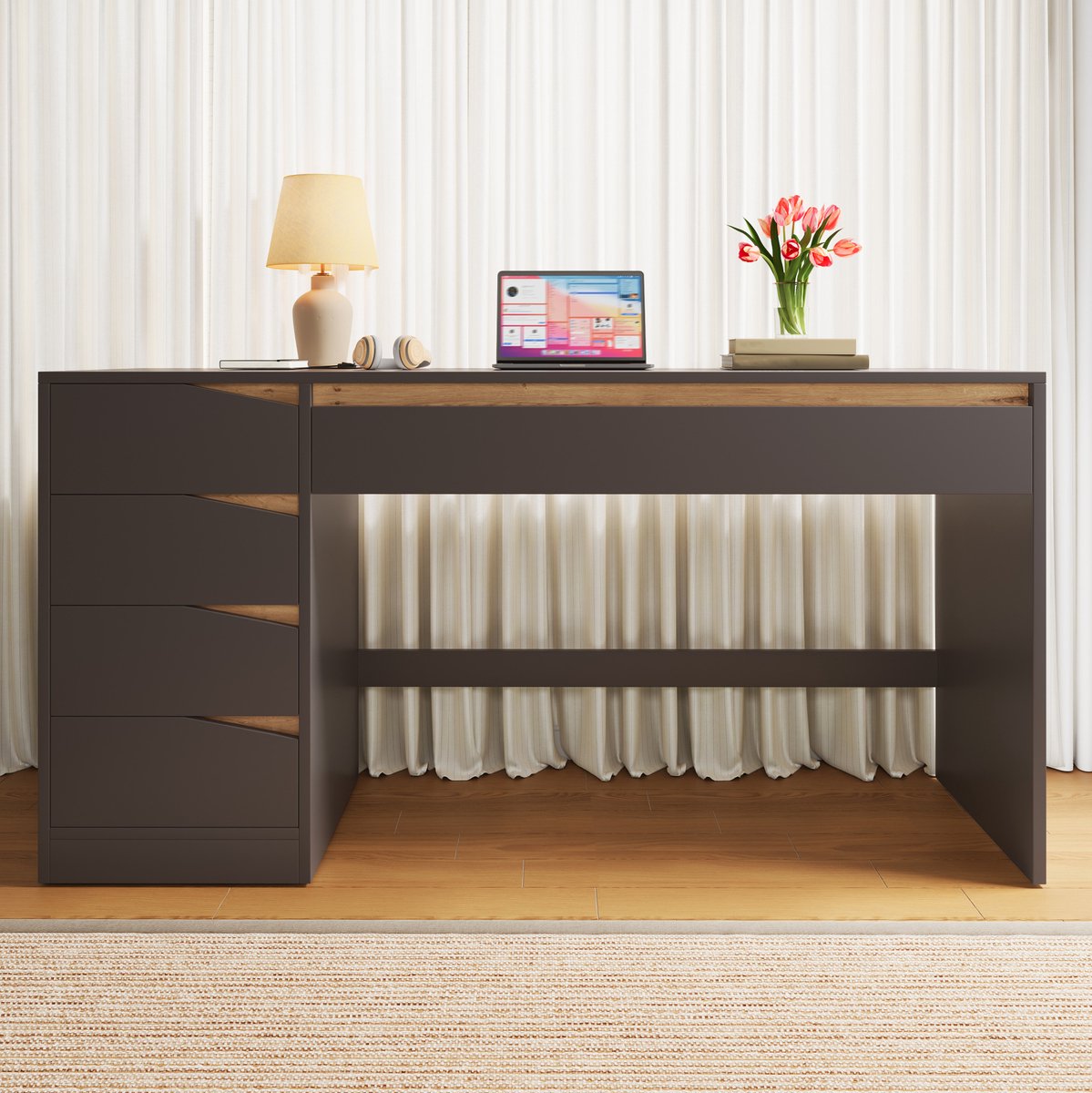 FloraGrace Bureau - Modern Bureau Met 5 Laden En Extra Groot Werkblad - Voor Homeoffice En Slaapkamer - MDF - 140x50x78 Cm - Grijs Eikenlook