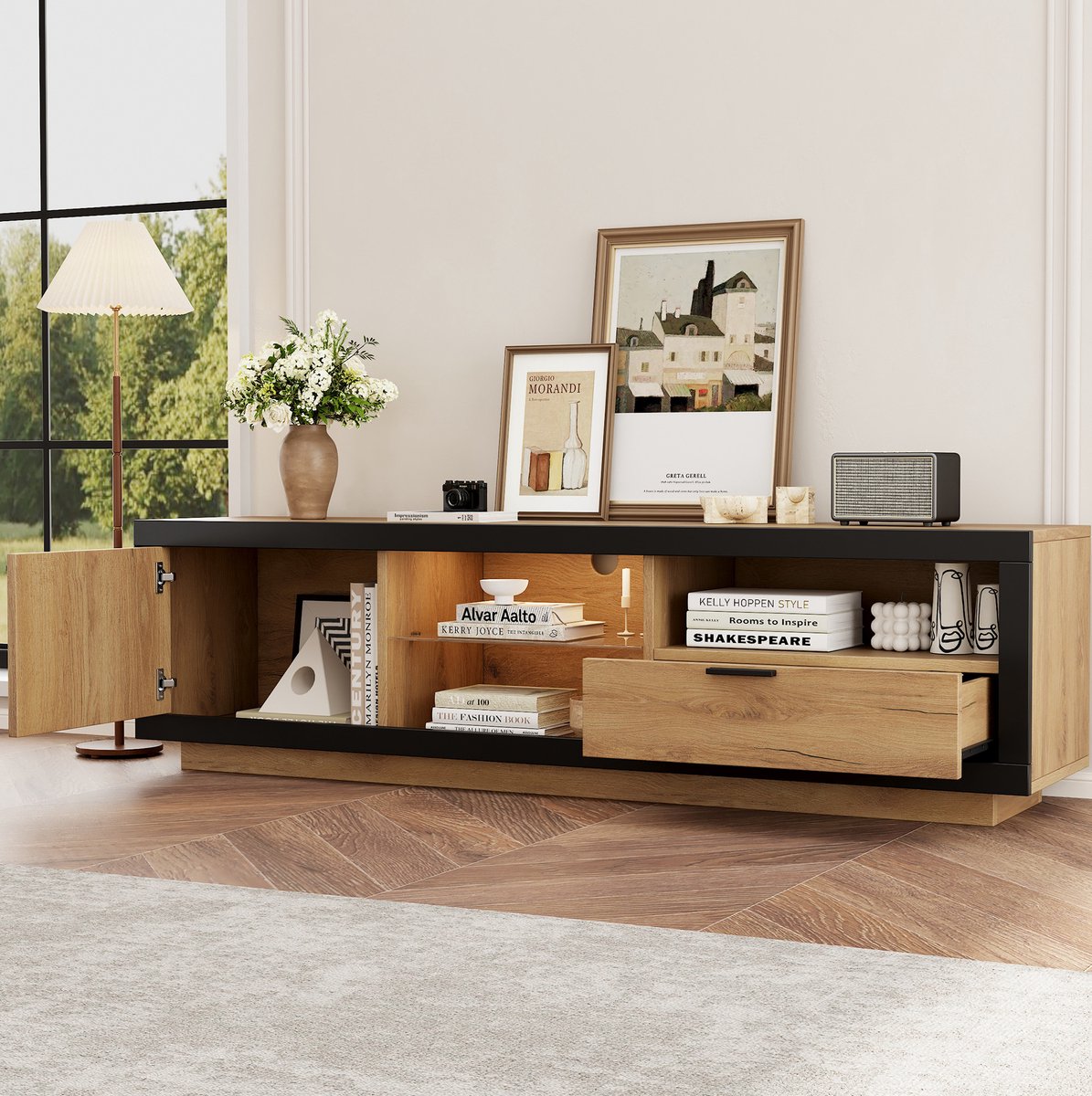 FloraGrace Dressoir - Tv Meubel Met Ledverlichting, Lade En Glazen Planken - Voor Woonkamer En Slaapkamer - Hout En Glas - 160x40x50 Cm - Zwart Eiken