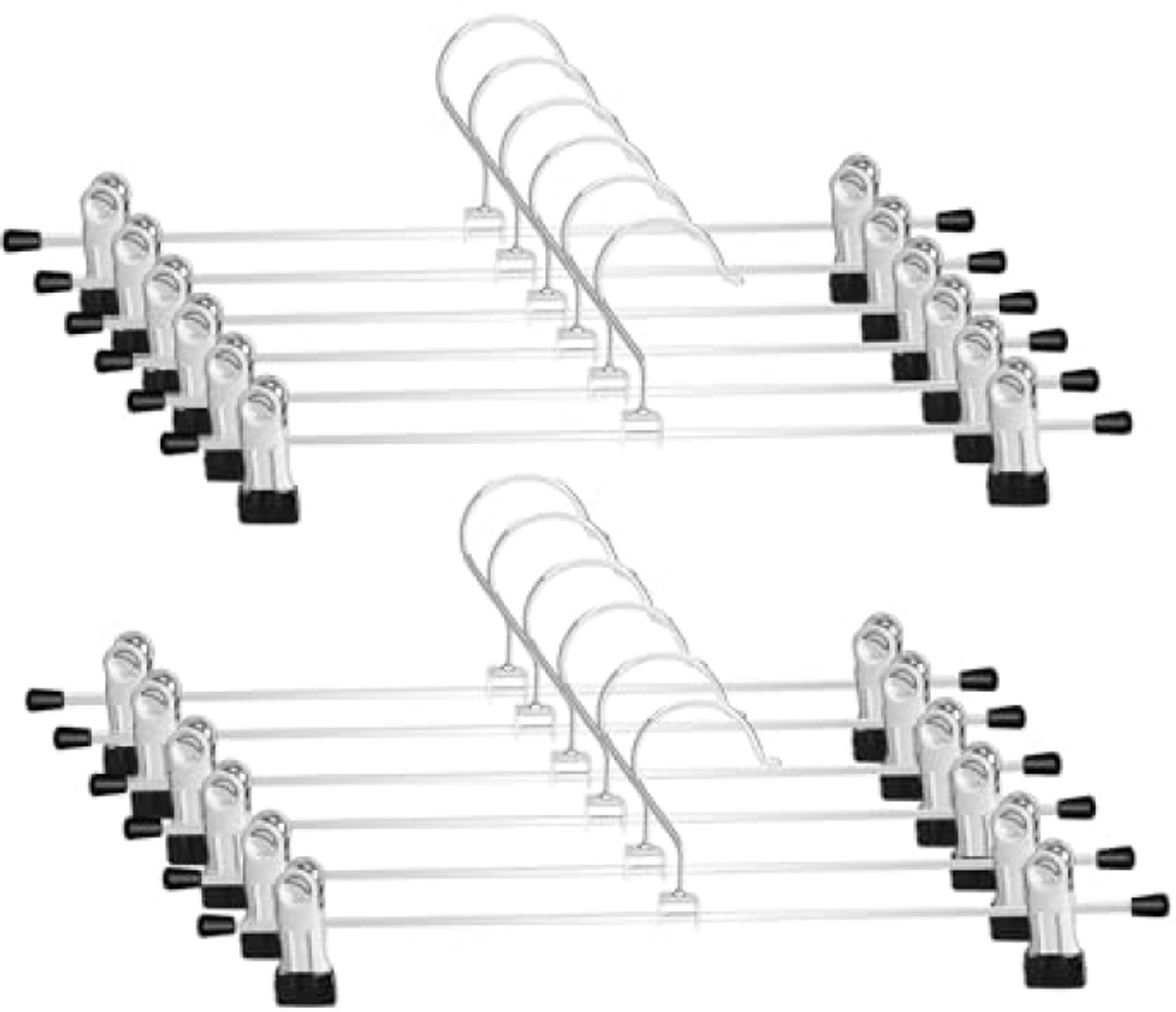 Huis Geluk Metalen Broekhangers 28 cm - 12 Stuks - Verstelbare Clips - Anti-slip - Chroom - Ruimtebesparend