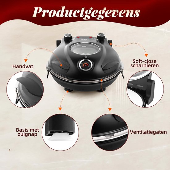 JCP® Pizzarette - Pizzarette 6 Personen - Pizza Oven - Zwart - 34cm x 32cm x 17cm — afbeelding 5