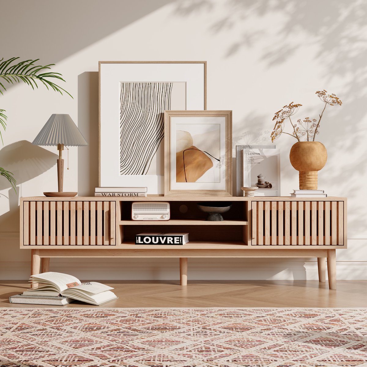 MEXUS Laag TV-Meubel, TV-Unit, 2 Lades en 2 Open Opbergvakken, 150 cm Breed x 48 cm Hoog x 40 cm Diep Natuurlijke houtkleur