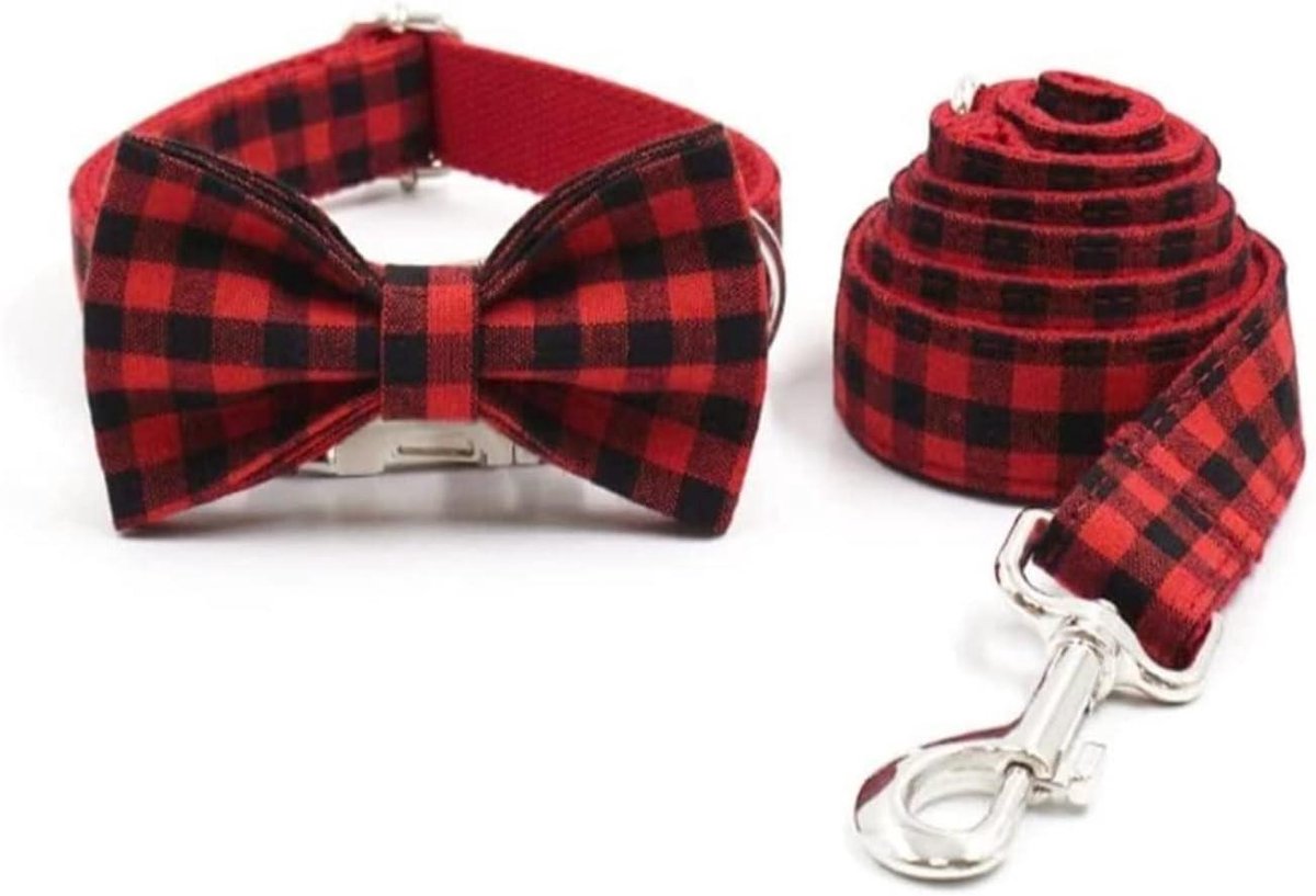 Hondenriem Halsband - Hondenlijn Set - Dagelijkse Wandelingen - Duurzaam Polyester - 49-55cm - Rood Plaid