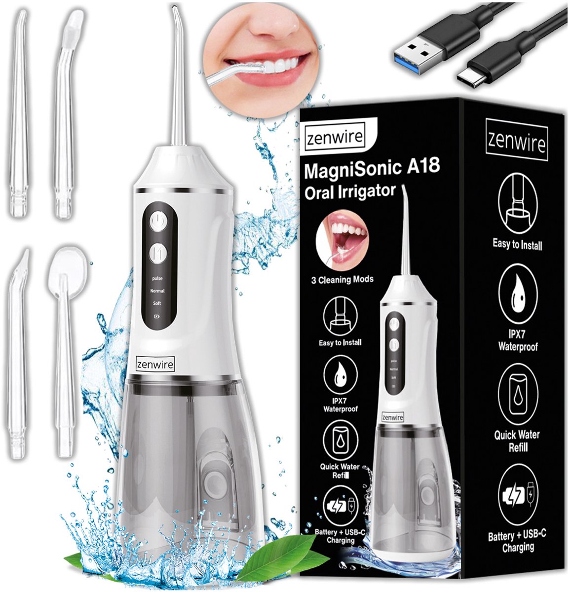 Zenwire Magnisonic A18 - Draagbare Monddouche - 3 Standen, Waterdicht - Stil - 4 Verwisselbare Mondstukken - 390 Ml - USB-C - Professioneel - Wit