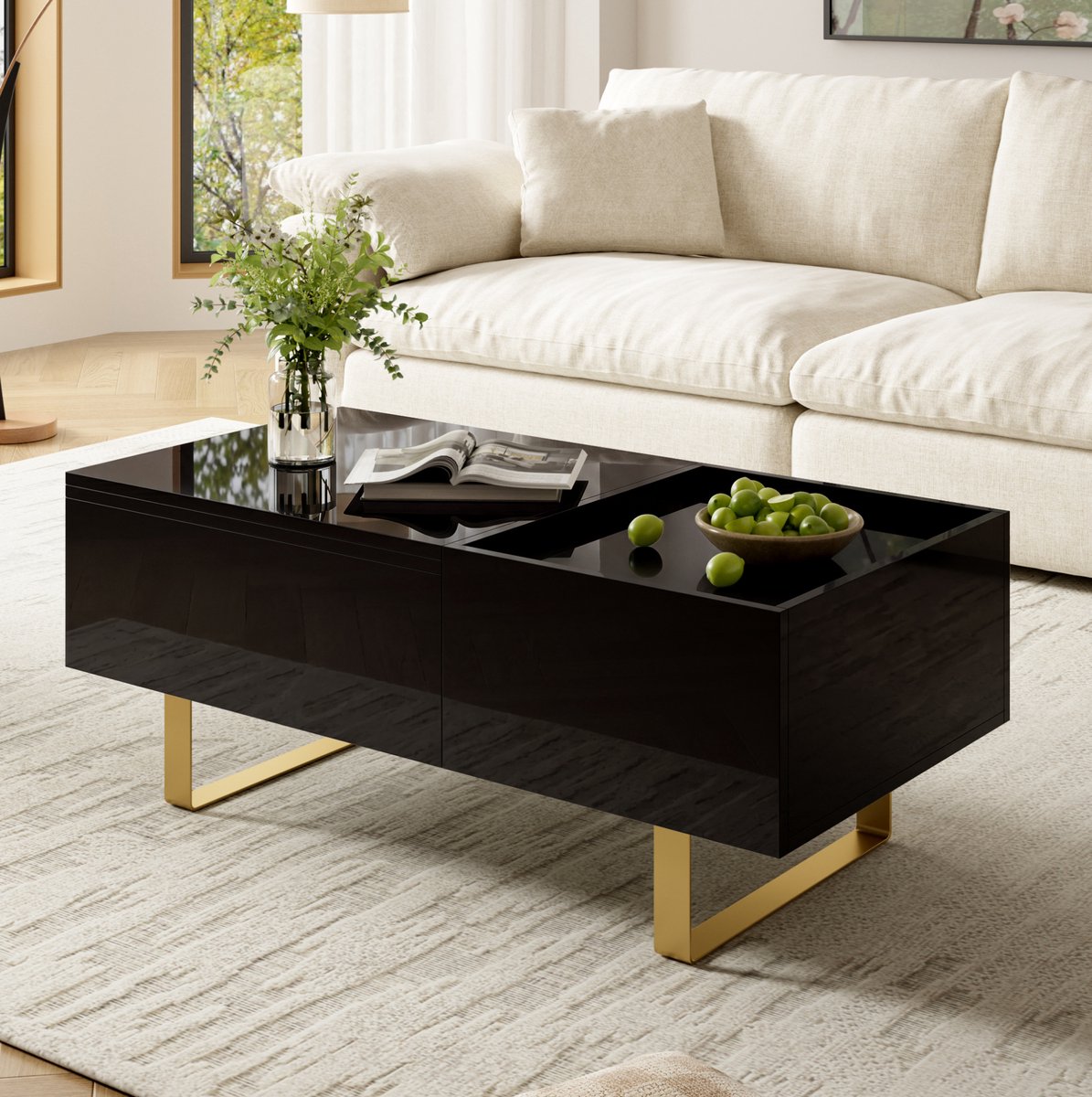 FloraGrace Salontafel - Hoogteverstelbaar Met Verborgen Opbergruimte En Lade - Voor Woonkamer - MDF Hoogglans Zwart - 100x50x54,5 Cm