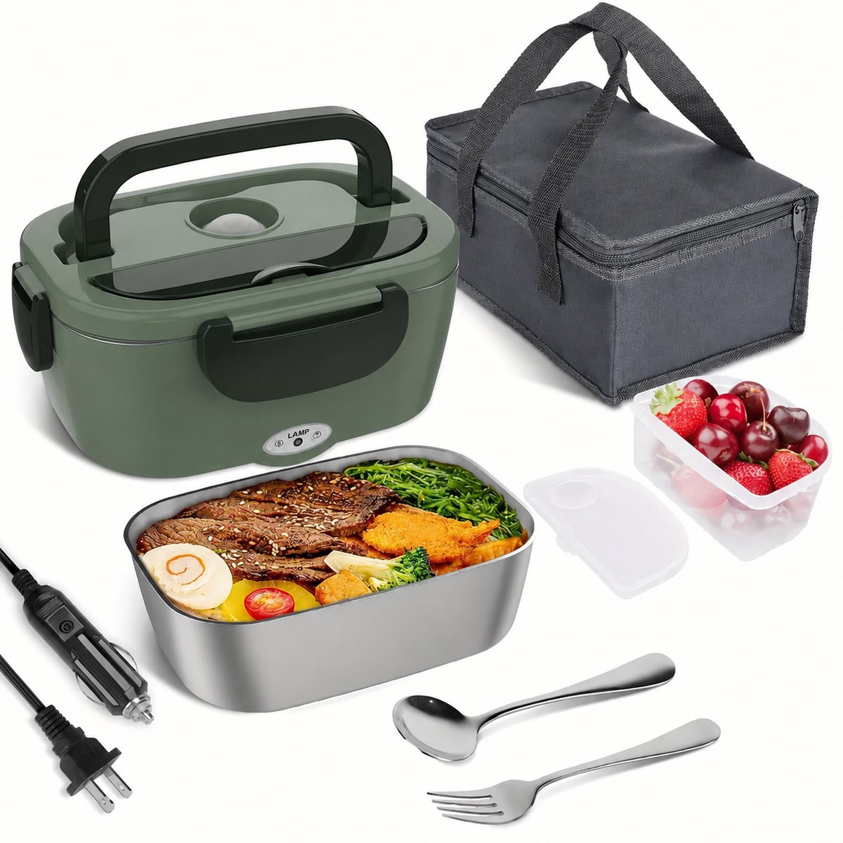 Elektrische Lunchbox - 100W Verwarmde Broodtrommel 1,5L - 3-in-1 voor 12V, 24V en 220V - RVS 304 Binnenbak - Lekvrije Maaltijdverwarmer voor Auto, Vrachtwagen, Kantoor en Reizen - Groente