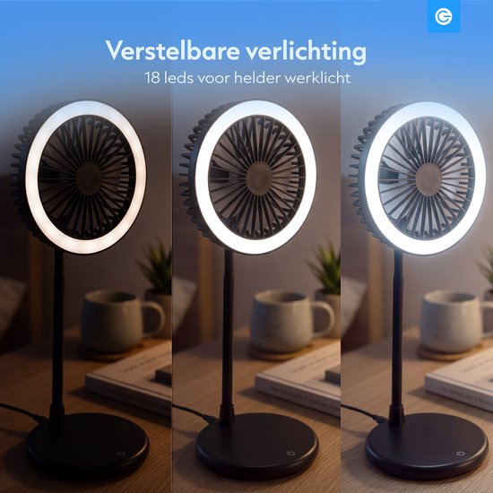 Tafelventilator met ringverlichting in 3 standen: warm, neutraal en koel wit.