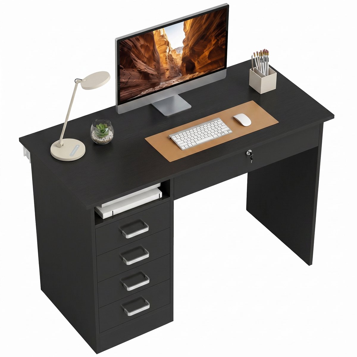 TEKROA® Bureau met 5 Lades en Open Vak - Computertafel met Afsluitbare Lade - Werktafel voor Thuiskantoor slaapkamer - 110x50x76 cm - Zwart