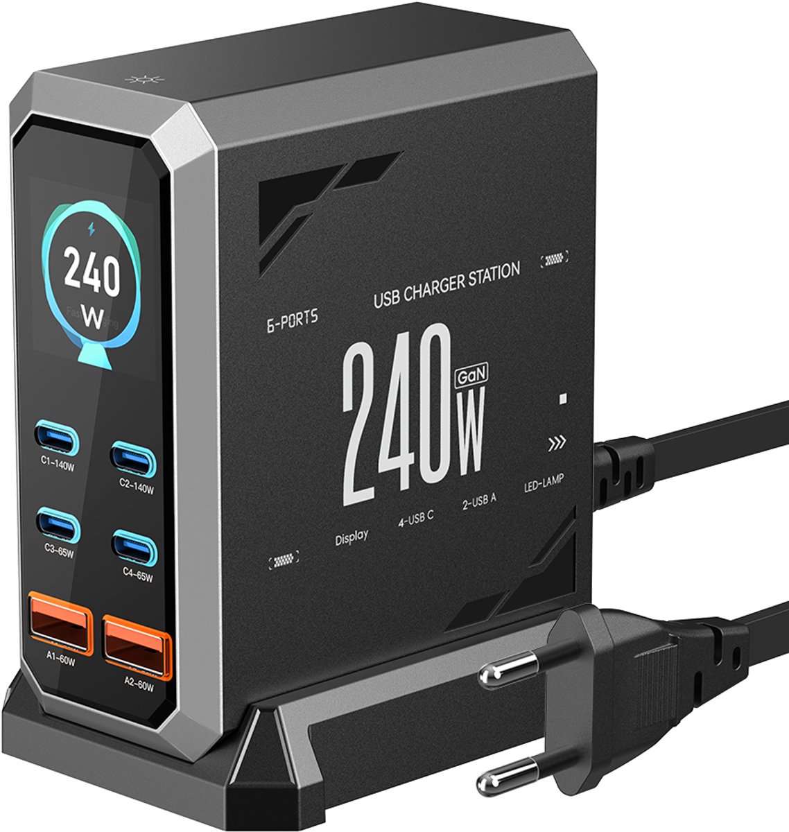 BlitzWolf BW-S31 Max 240W GaN Oplader Charger 6-in-1 Bureau Oplader met USB-C, USB-A, PD 3.1, PPS en Digitaal Display voor iPhone, MacBook