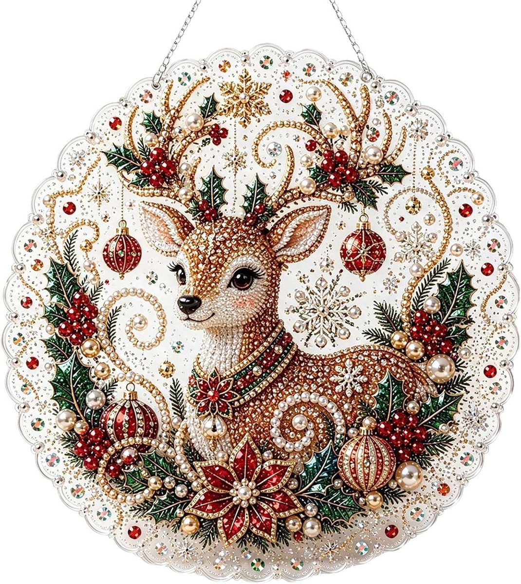 Casalora® Diamond Painting Kersthanger – 5D Acryl Kerstdecoratie – Rendier – Enkelzijdige DIY Set met Parels en Diamantjes – Kerstboom Hanger – 25 × 25 cm