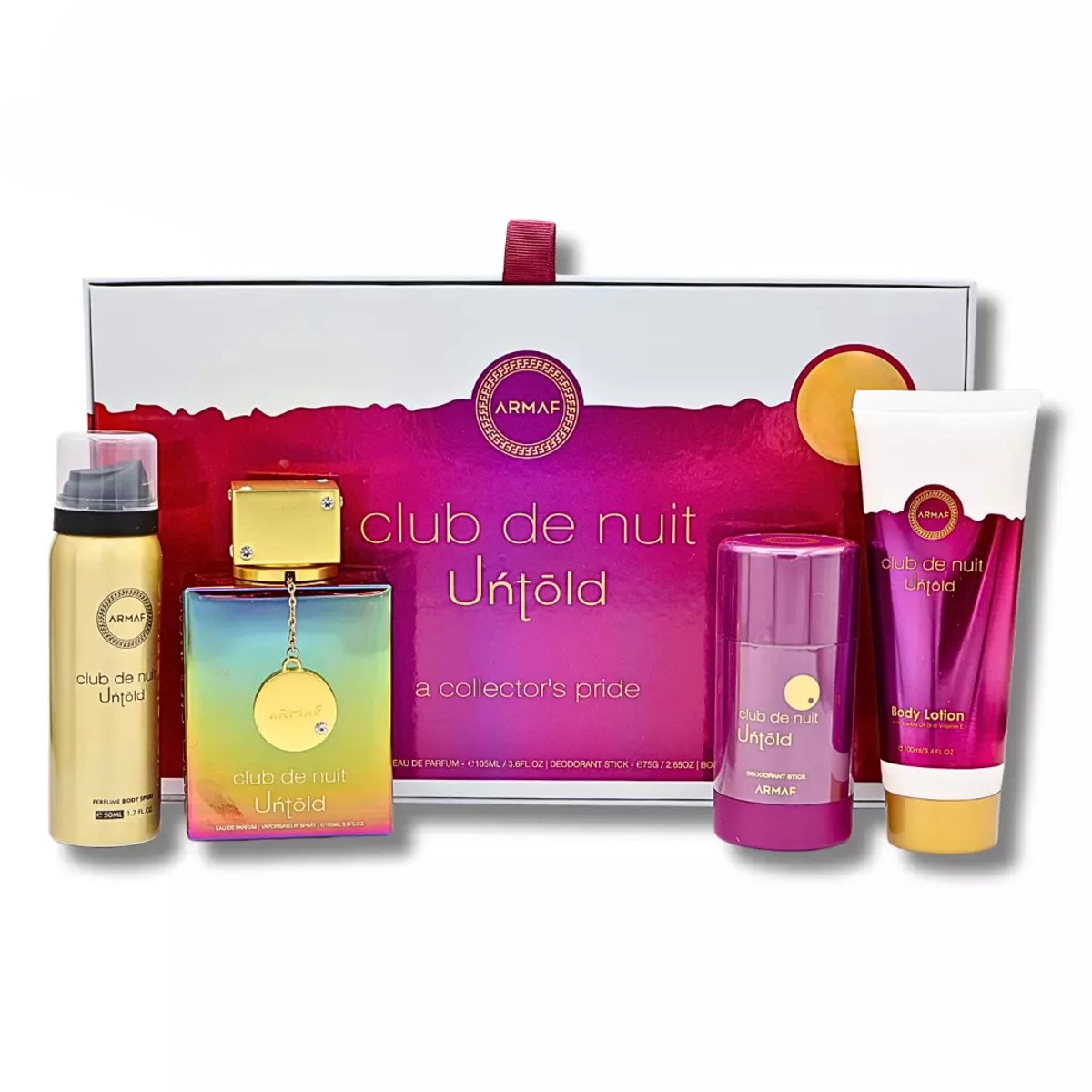 ARMAF ARMAF CLUB DE NUIT UNTOLD DÁRKOVÁ SADA EDP 105 ML, TĚLOVÉ MLÉKO 100 ML, DEOSTICK 75 G A TĚLOVÝ SPREJ 50 ML 105ML