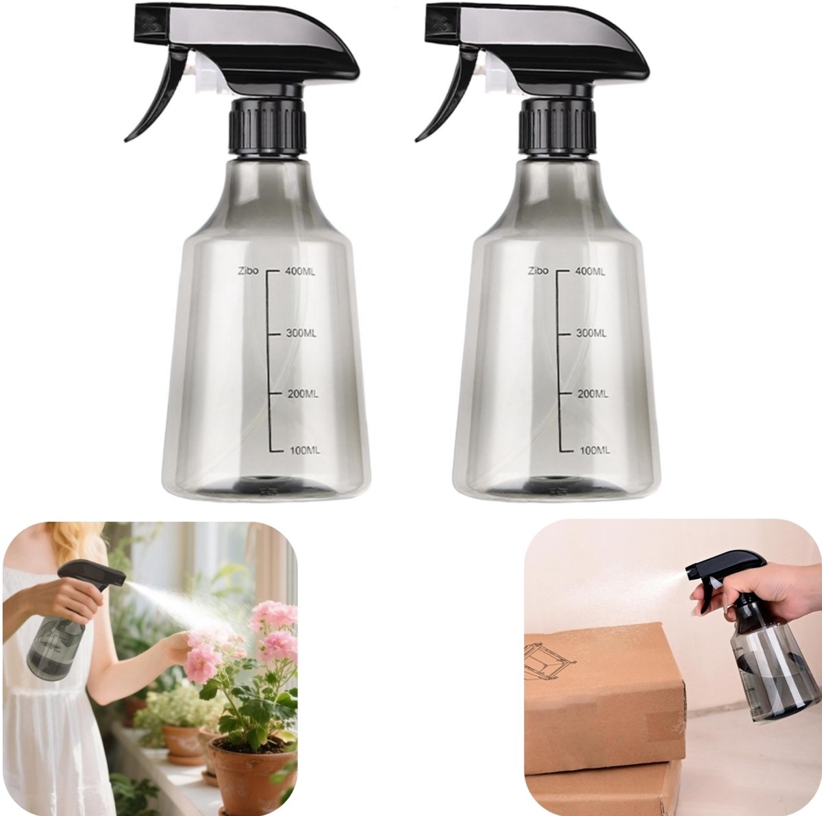 2 stuks sprayflessen - waterflesjes - gieter - desinfectiefles - hervulbaar - fijne nevel - lekbestendig - zichtbaar - huisaccessoires - geschikt voor schoonmaken, water geven, desinfecteren (grijs, 400ML)