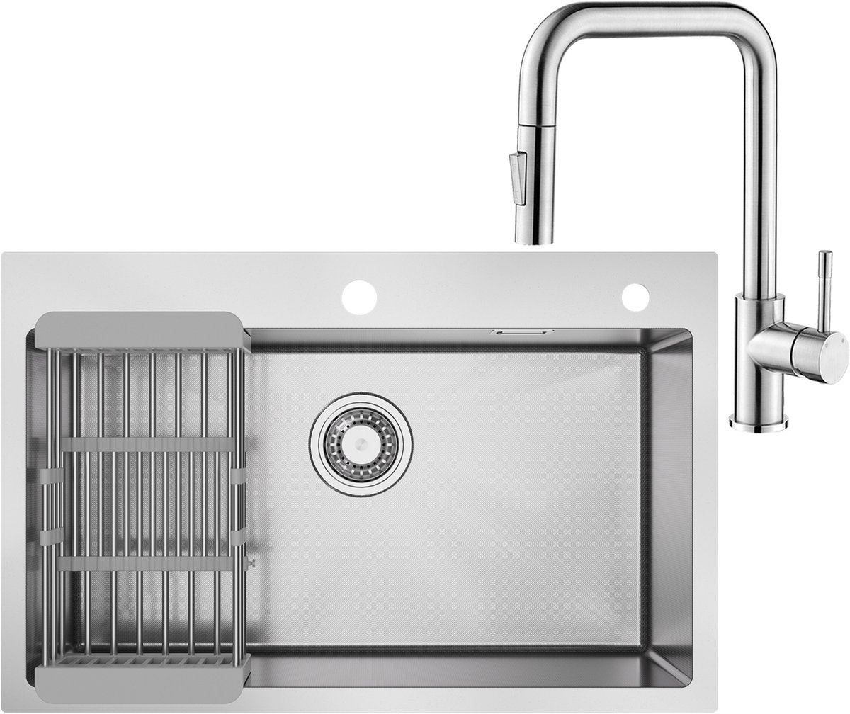 CECIPA max Spoelbak voor keuken 70x45cm - Spoelbak Keuken Met Premium Keukenkraan - Onderbouwspoelbak in 304 RVS - Incl. Sifon en Afvoerzeefje