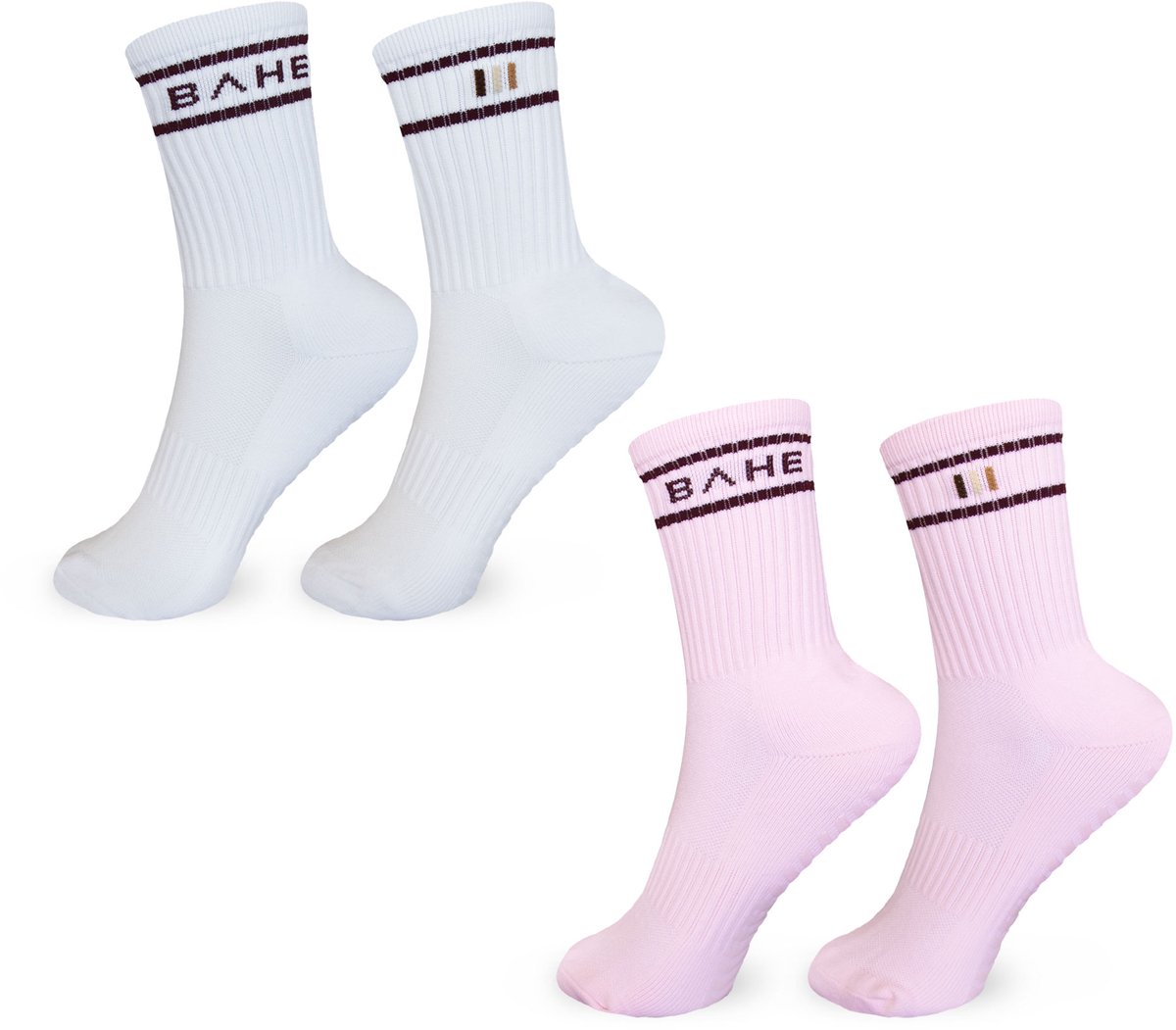 BAHE - Studio Grippy Crew Socks - Pilates Socks - Antislip Sokken - 2 Pack Grip Socks - Pink/Burgundy