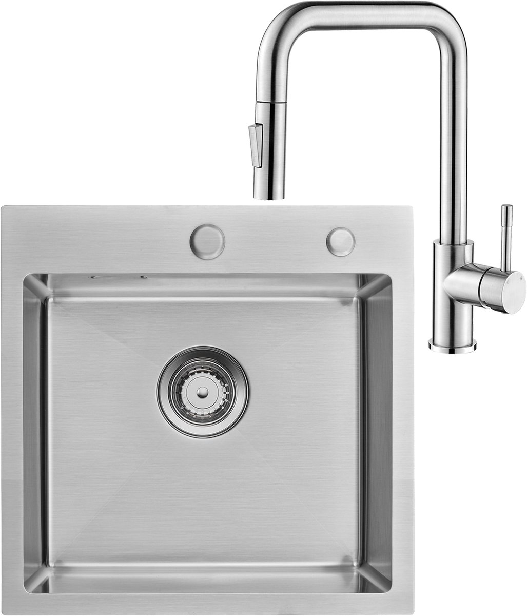 Auralum max Spoelbak RVS 45x45 cm - Spoelbakken Keuken Met Premium Keukenkraan - Wasbak Keuken - Met Kraangat - incl. Afvoerzeefje en Sifon