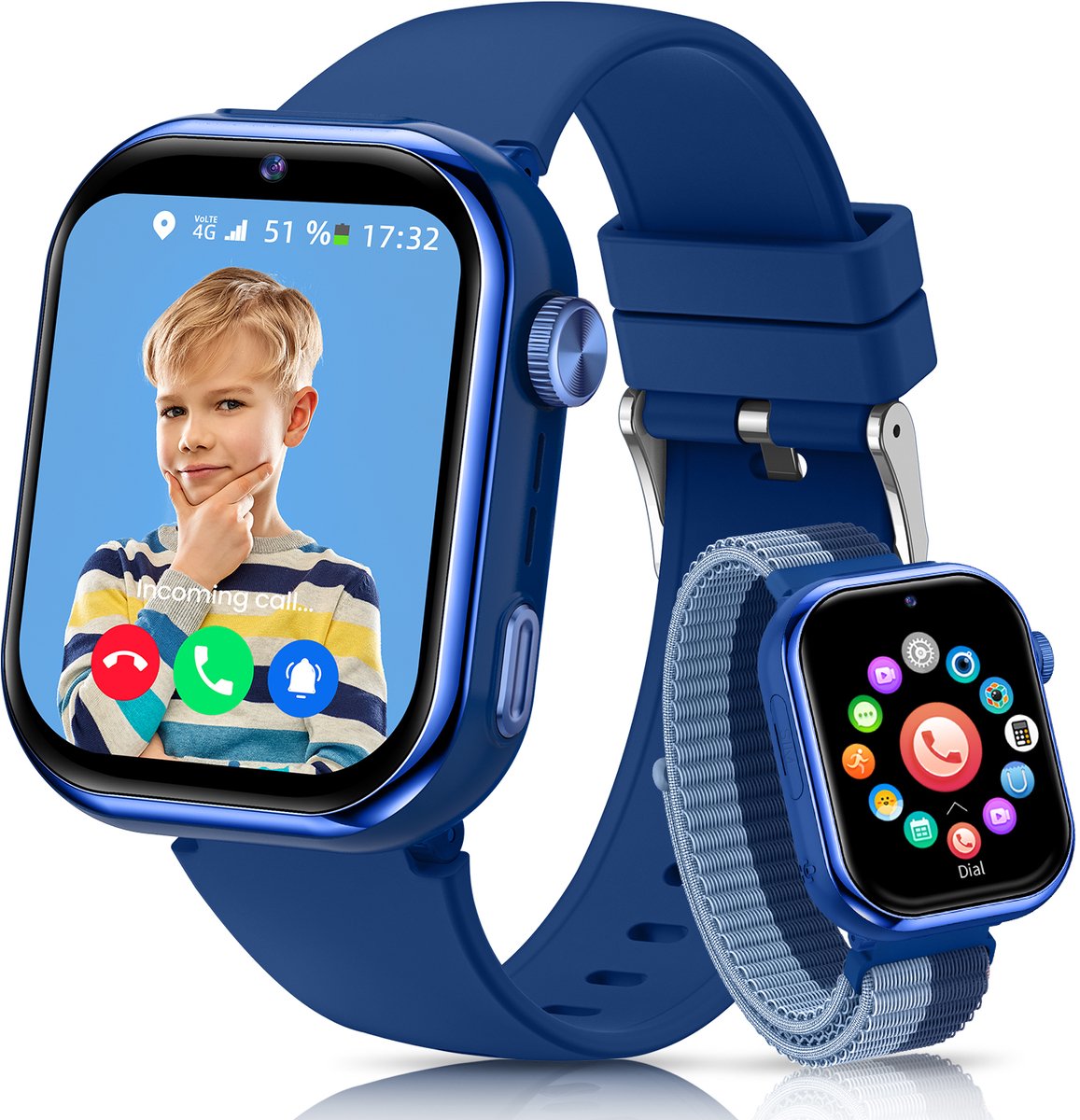 FOSMET 4G Smartwatch Kinderen - 2026 - GPS Horloge Kind met Telefoonfunctie - 1,83 Inch - SOS Knop & Videobellen - Dubbele Camera 3 MP - 1000mAh - Voor 4-12 Jaar - Voor Jongens - Android & iOS - Blauw